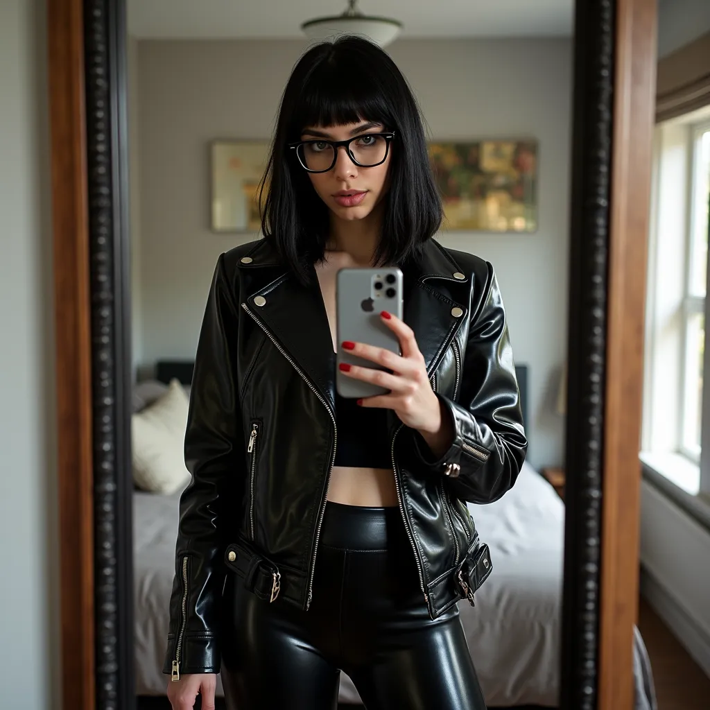 A 18 year old girl taking a selfie in the mirror in her room with a phone photo. She has black voluminous straight hair. eye glasses. she has a strong positive eye canthal tilt, dark makeup and makeup contouring. She is wearing shiny leather leggings that ...