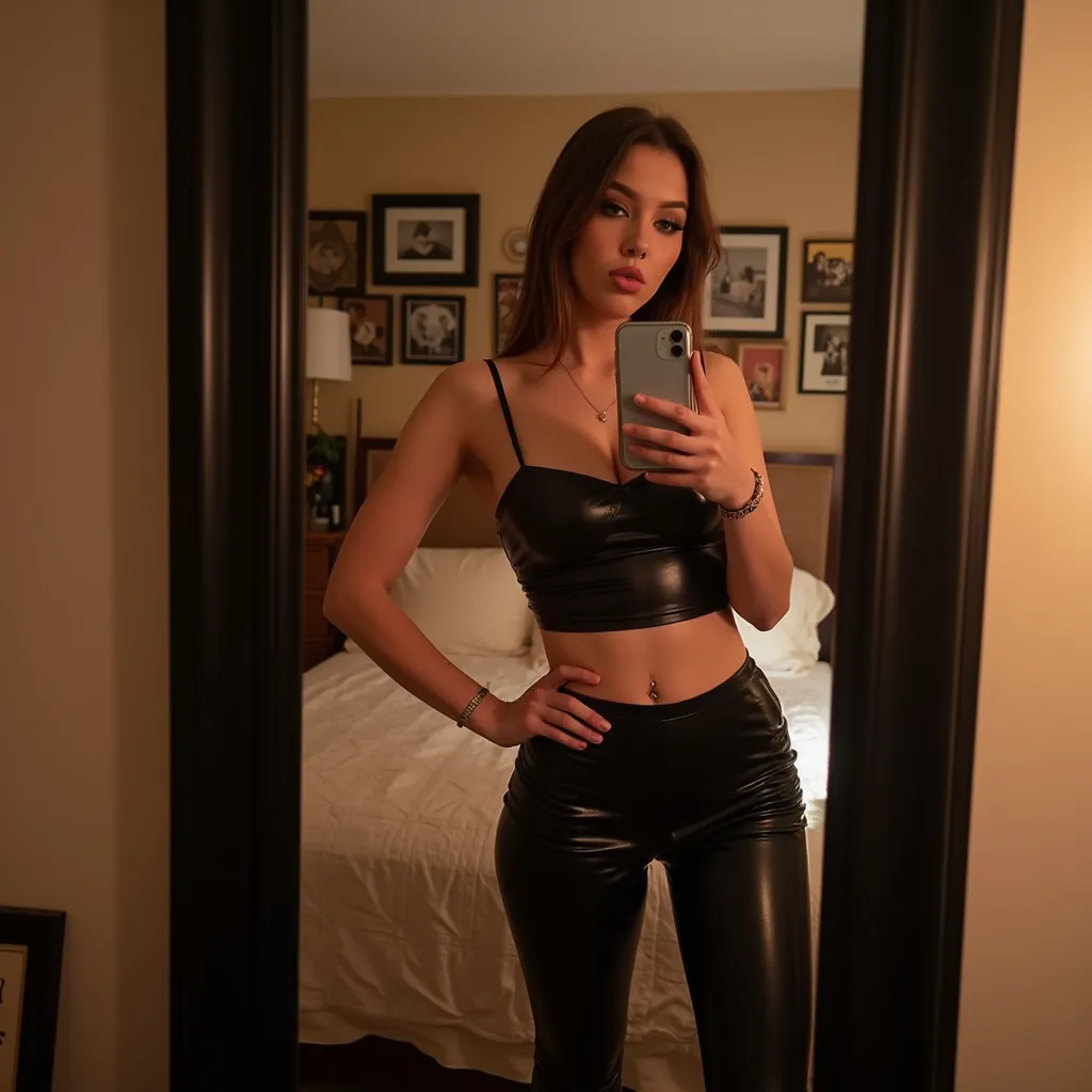 A 18 year old girl taking a selfie in the mirror in her room with a phone photo. She is wearing leather leggings and a leather t-shirt