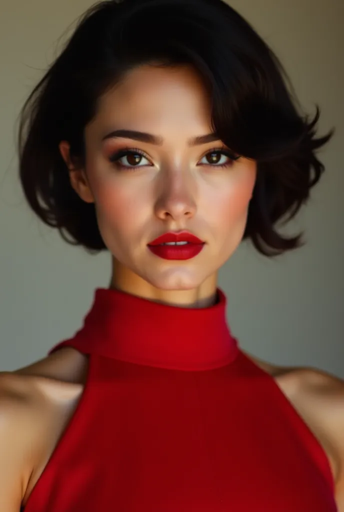 Girl,  model, in a red dress, short hair 