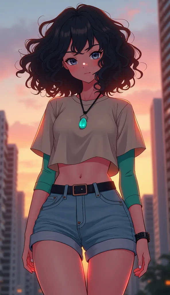 Create a girl with these features and anime style,  on an evening background 

[appearance: “Young 20” , “curly black hair that covers your eyes”, "big hips", "thick thighs", “Turquoise eyes”]
[Clothes: “beige shirt", "jade green inner sleeves”, “Turquoise...