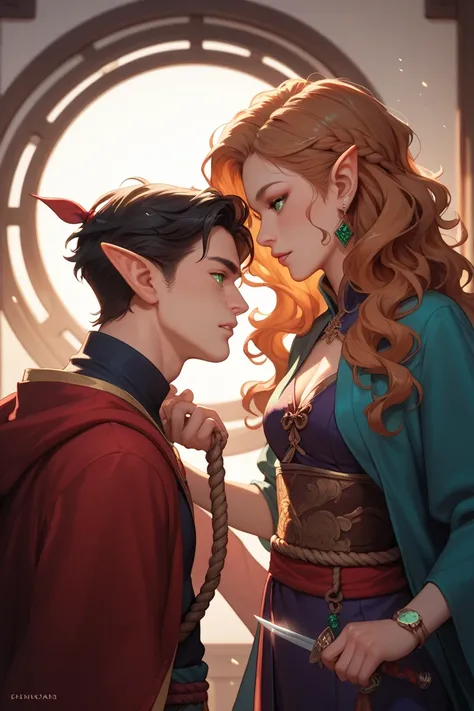 A man from another world, 18 years old, wears a rope, an Asian wizard, and a half-elf, has long black, wavy hair,Emerald eyes and a dagger at the waist ,  A scene where they watch each other's kingdoms from afar