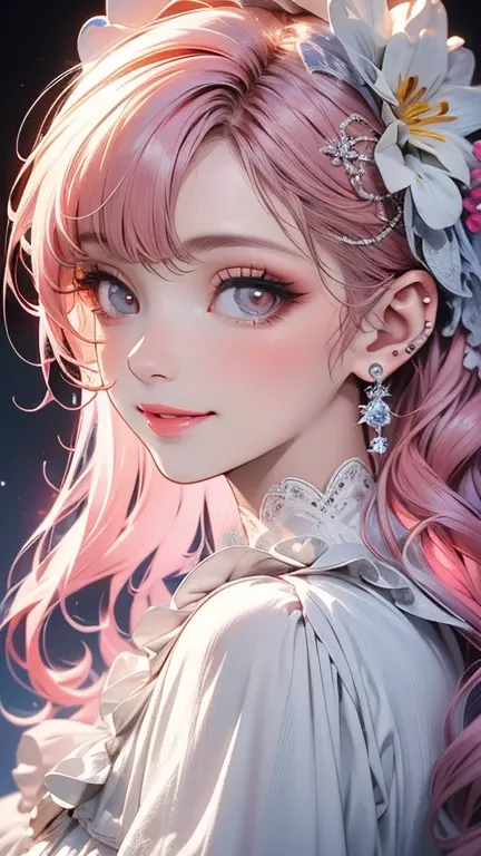  super cute girl in a lolita dress， pink hair near MM . 8k Ultra HD,  Texture,   pure white background .