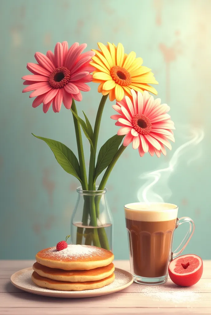 Bouquet of 3 gerberas with little clouds , a cold coffee , plate with pancakes and a piece of cake 