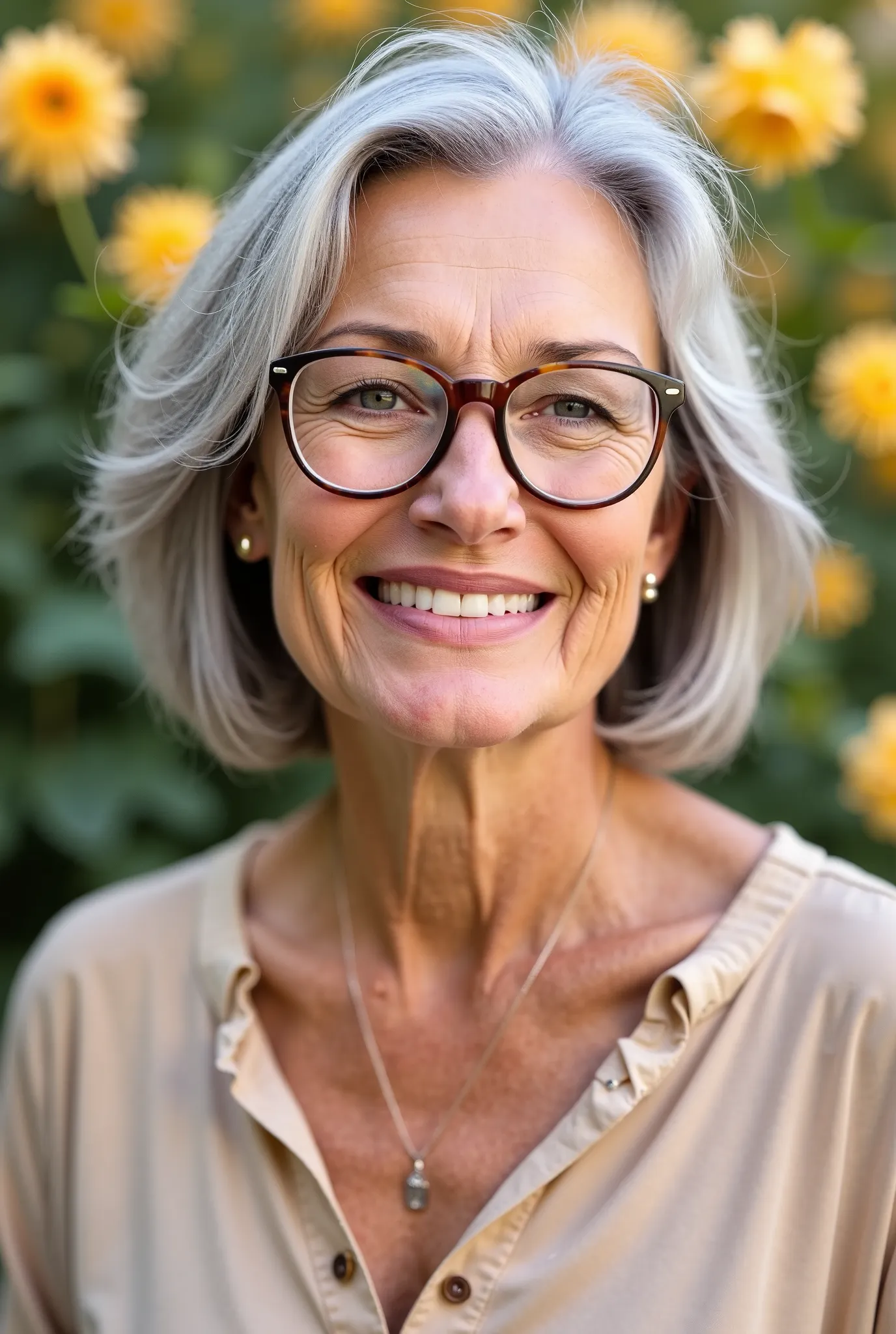 Mature woman of approximately 60 years old, gray hair at shoulder height, gentle smile, beige-framed glasses, fair skin,  serene and confident expression . youthful appearance, with few wrinkles , transmitting self-esteem and motivation. She wears clothes ...