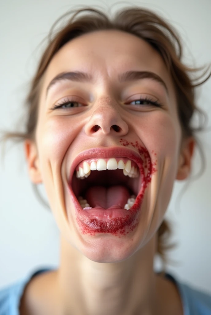 person with inflamed lower lips marked by teeth, The upper lip is very thin. white background