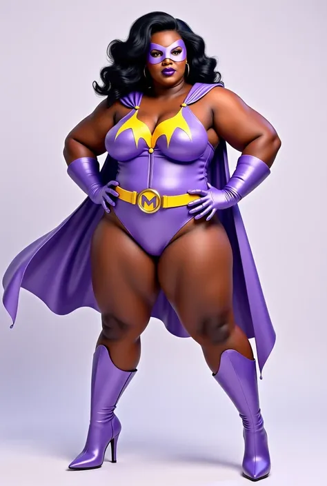 54 year old plus size African American woman as superhero wearing lavender violet swimsuit with letter M emblem,high heeled boots,belt,gloves and molded eye mask.her costume is latex. In the style of Comic books 