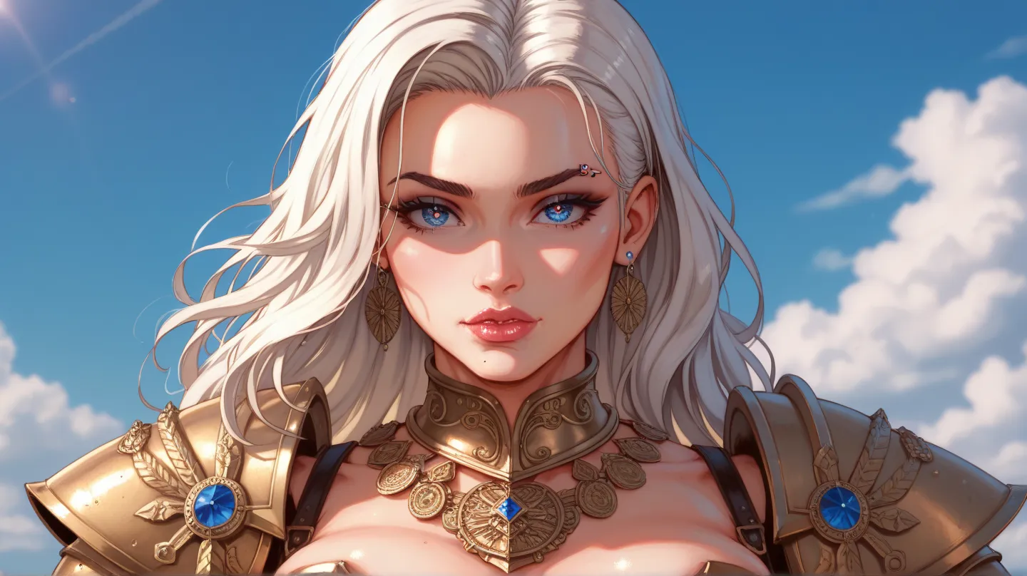 Beautiful warrior woman , white hair perfect face perfect eyes sexy body revealing armor with neckline Ultra realistic cinematic HDR lighting, resolution 8k.