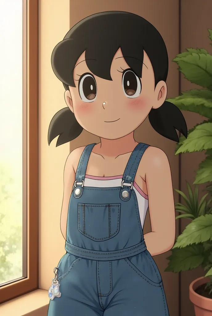 Young anime women/ager black short hair,wearing an overall and bra under it near open window, realistic lighting detailed, sunlight