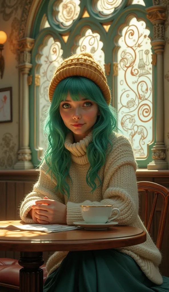 1girl, solo, Coffee shop, green hair, beanie, sweater, jeans, sitting on chair, dynamic pose, indoors,Dreamlike image, rococo setting that has drawings related to science, technology and magic in the world. 