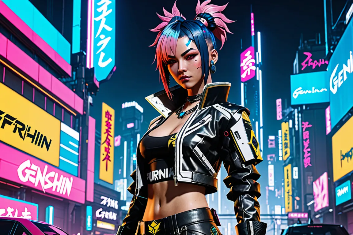 Furina from Genshin Impact in the Cyberpunk 2077 style