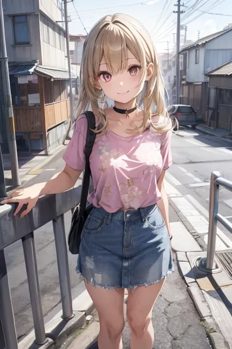 pretty age girl {hime onizuka, long hair, blonde hair, hair between eyes, black eyes, black choker} smiling, standing posed, on pedestrians bridge, railing gate on bridge, at city, above city road, BREAK, {(pink t-shirt,  floral print shirt), (denim pencil...