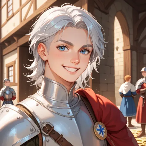 anime, young man,  Silver Hair, Frivolous face, fearless smile, coin toss, Light Armor,  in the streets of medieval Europe, vivid colors,Best Quality,