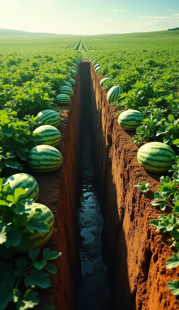 In a vast and beautiful watermelon field, the ground suddenly begins to tremble. Without warning, a massive crack splits the earth open, stretching wide across the lush green farmland. The rich soil crumbles at the edges as the deep fissure grows, swallowi...