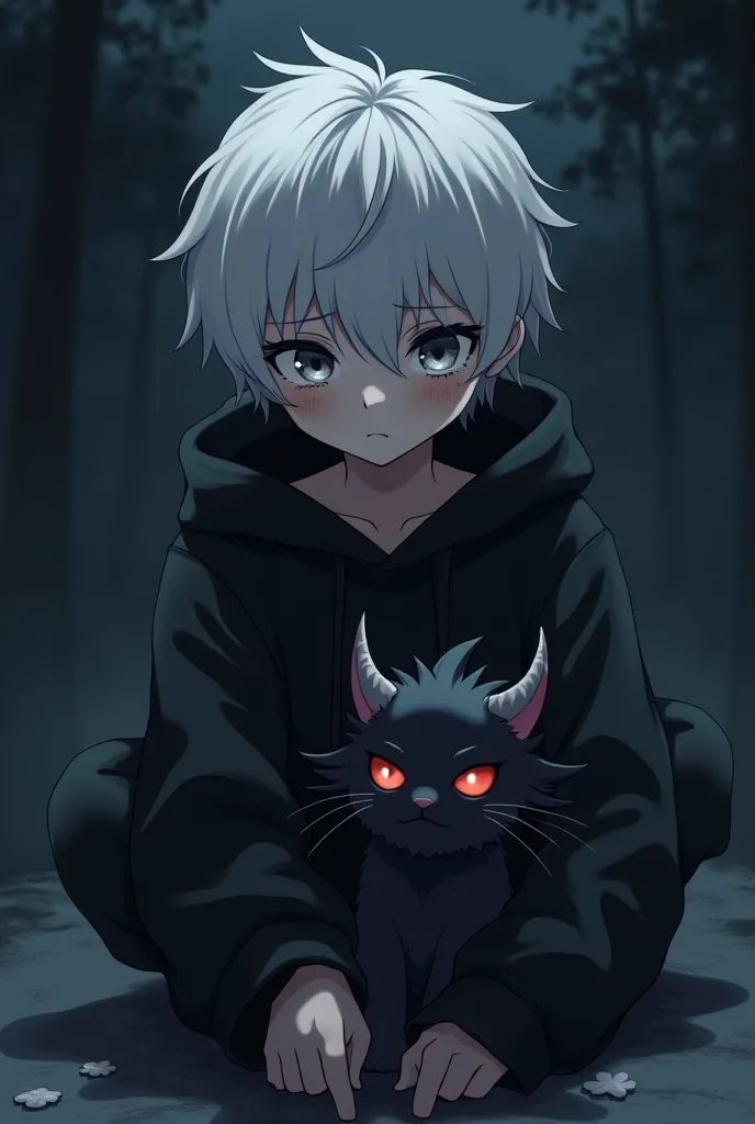  anime, Sleeve
At night young boy with white hair and gray eyes , black hooded sweatshirt, Crying for his friend the demon little kitten with small horns and furry black with red eyes tired and wounded from fighting