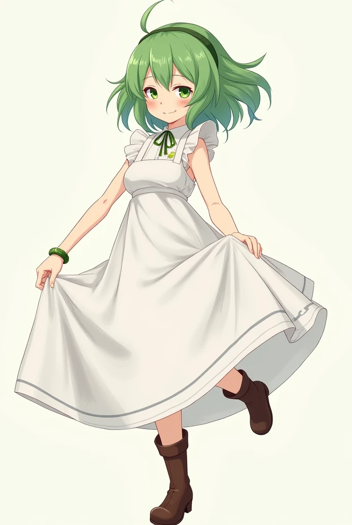 official style,1 girl,Marona (phantom brave), green hair,white one-piece,green bangle,brown boots, white zettai ryouiki,スカートたくし上げ、パンティ