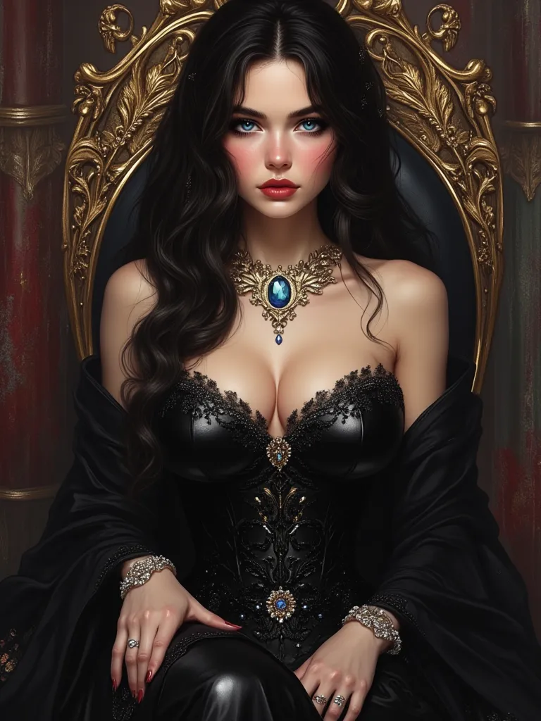 oil painting hyperrealistic fantasy, beautiful 25-year-old Russian woman with Russian features, very long and wavy jet black hair perfectly, sapphire blue eyes, shiny reddish lip gloss, white skin de porcelana como muñeca, pink cheeks, ELEGANT black long d...