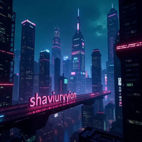 Make a neon-cyber futuristic city at night, with the word “Shavouryion” on it 