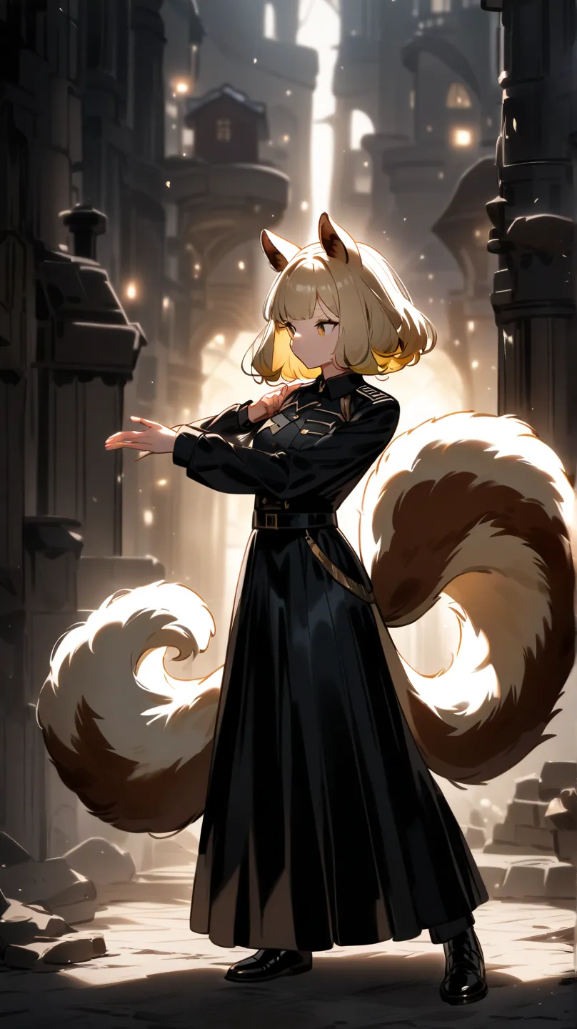 squirrel ears and squirrel's big fluffy tail　 cool girl、  hair is two-tone ,  Black Haired and Blonde 　 Full Body Standing Picture 　I'm wearing black military pants