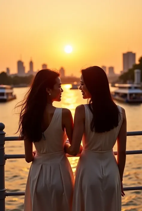 In the heart of Bangkok, under the golden glow of the setting sun, two women walk hand in hand along the Chao Phraya River. One is a stunning Thai-Chinese woman, her features a perfect blend of her heritage—smooth, porcelain skin, almond-shaped eyes, and a...