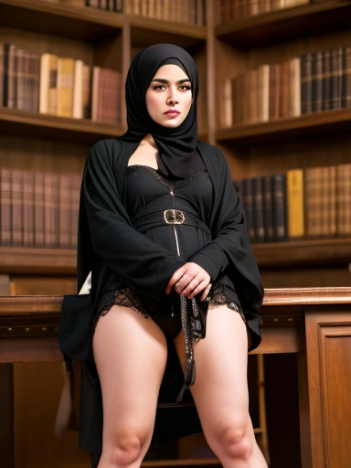 25 year old Muslim hijabed abaya Emma watson, gryffindor Musliman uniform, holding bdsm flogger in right hand, dominatrix, sprawled on library desk, legs spread