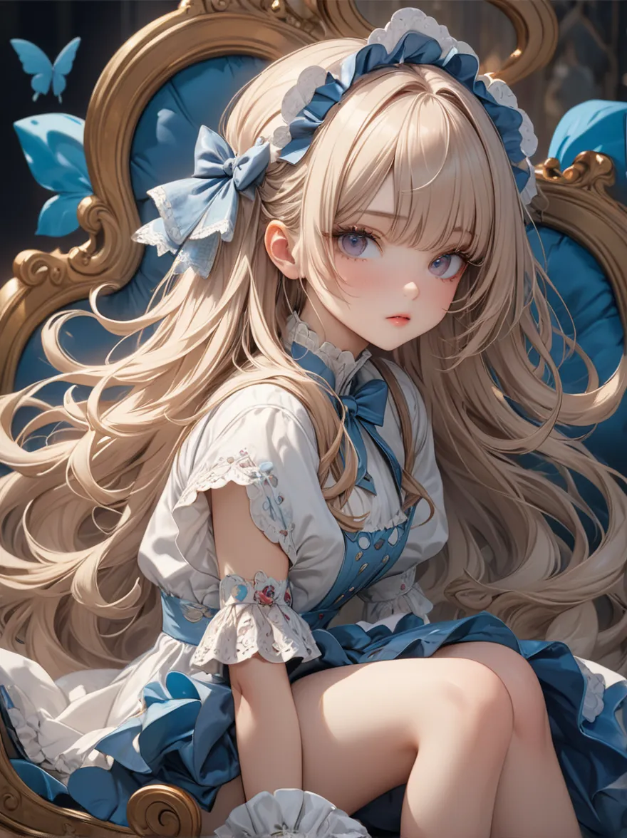  Head to Knee Shots 、1 girl, masterpiece, Best Quality, 8k, Fine skin texture, The texture of fine fabric , beautifully detailed face, complicated details, very detailed, Alice in Wonderland,  upper body