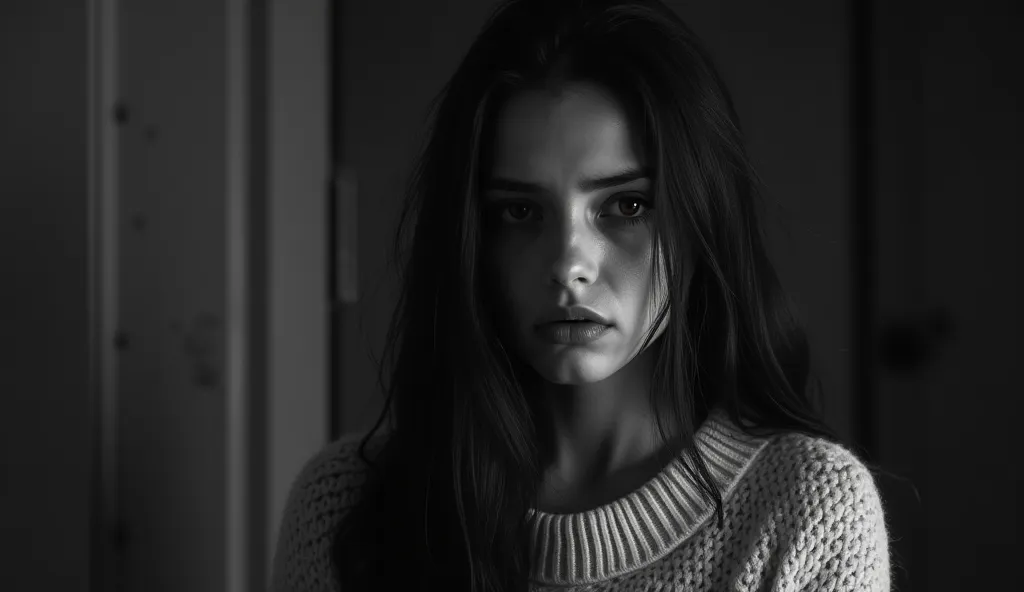 A black and white image of a young woman with long dark hair, wearing a wool sweater and a long skirt. Her face shows anguish and exhaustion, with deep eye bags. A slight glitch effect distorts her image, and blurry shadows seem to lurk in the background. ...