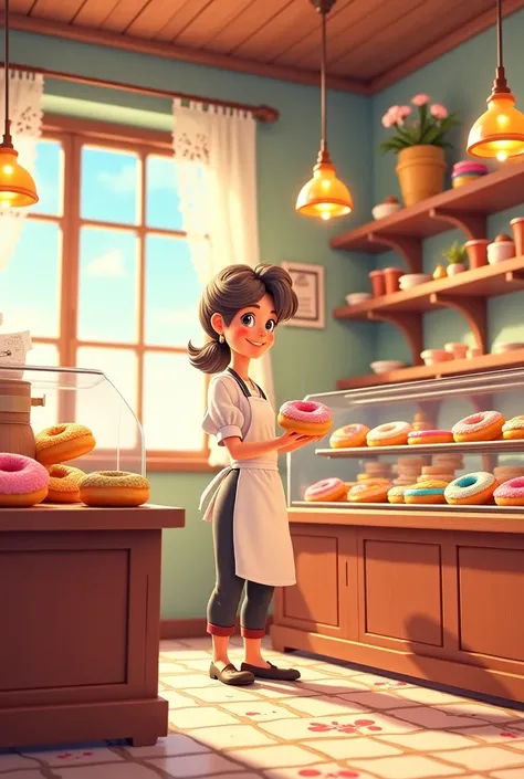 An animation of a person in a pastry shop selling donuts