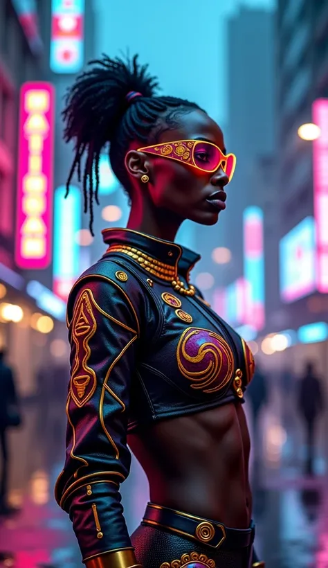 "A stunning Black Queen with a slender and well-proportioned physique, dressed in a fusion of traditional African attire and futuristic gaming fashion. She wears a colorful electronic short jacket with intricate neon tribal patterns that glow like an advan...