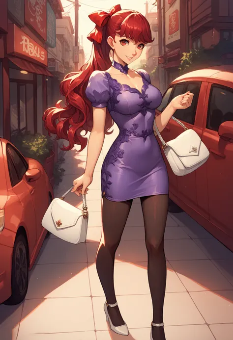 score_9, score_8_up, score_7_up, source_anime, BREAK 1girl, cowboy shot, looking at you, smile, sumSumi, long hair, ponytail, red hair bow, sexy, full body, tight purple dress, leggings, white purse, hot