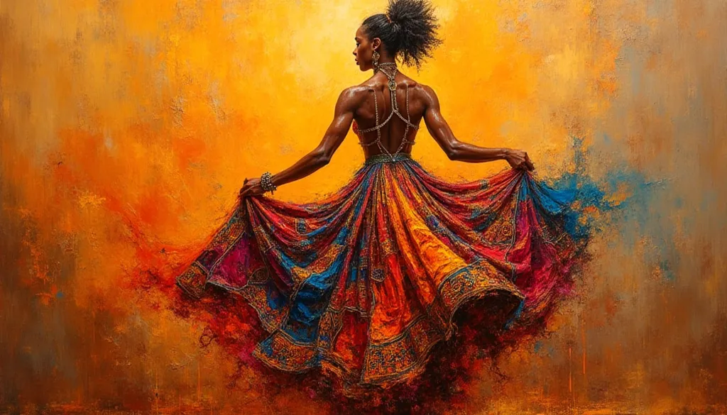 An expressionist painting of a beautiful African woman wearing traditional African Kanga textiles. Her flowing skirt expands into the background, creating an artistic display of intricate Kanga patterns. The artwork features earthy tones with vibrant color...