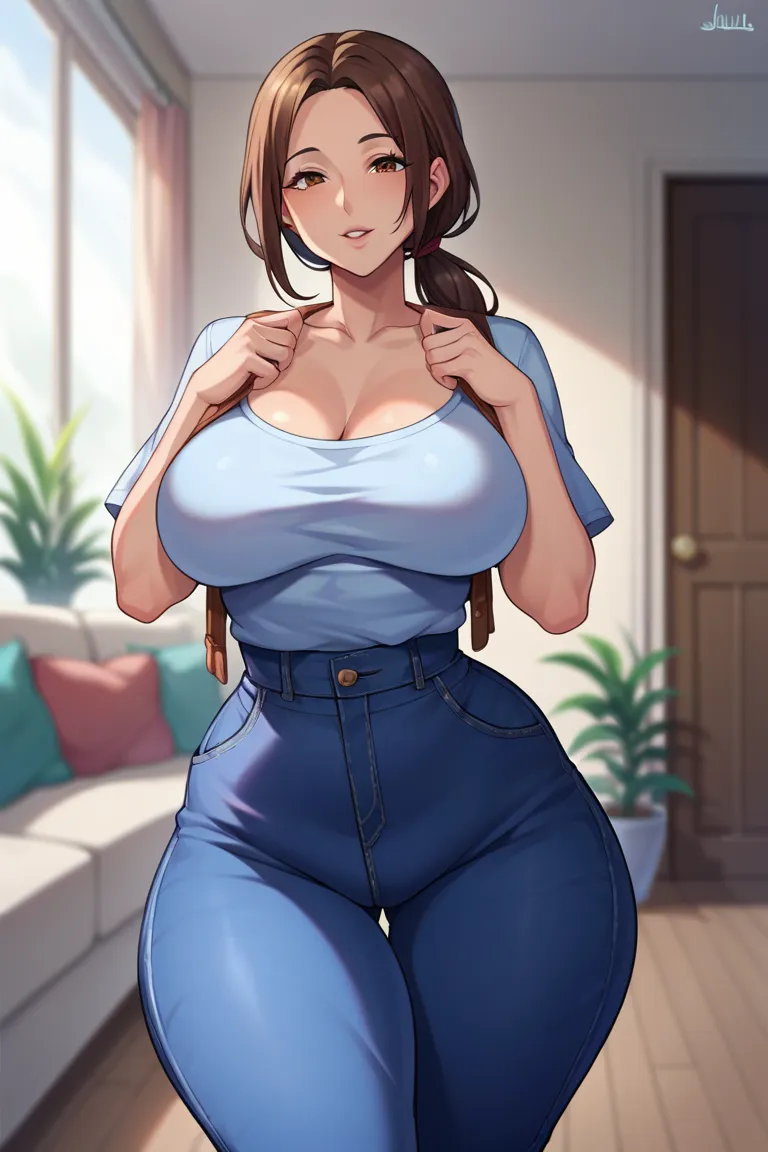 Score_9, Score_8_up, Score_7_up, Score_6_up, Score_5_up, Score_4_up, Source_anime,
1 girl, mature woman, brown eyes, brown hair, low ponytail, long hair,
(((huge ass, huge round ass,))) (((very wide hips, large thighs,))) very large calves, very large brea...