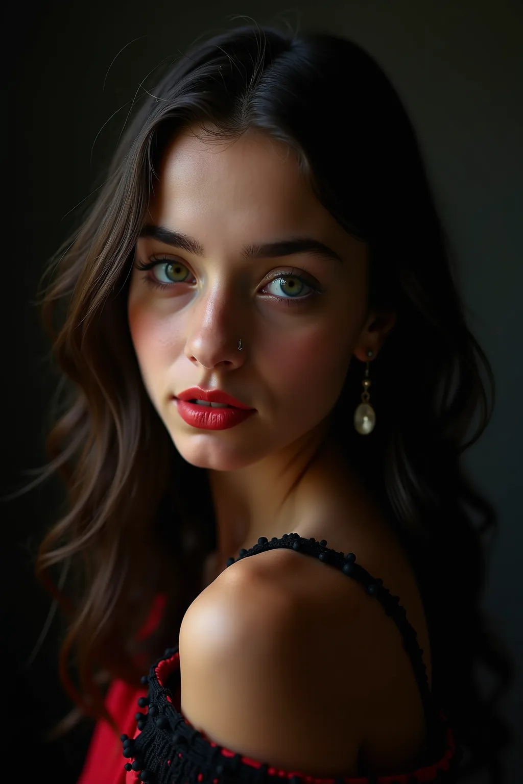 Portrait d’une  jeune danseuse adolescente gitane, 16 ans, type caucasien, extrêmement belle et sensuelle, peau nacrée, très mince, anorexique, petits seins, longs cheveux noirs en cascade, yeux vert émeraude, gloss rouge sur les lèvres, boucles d’oreilles...