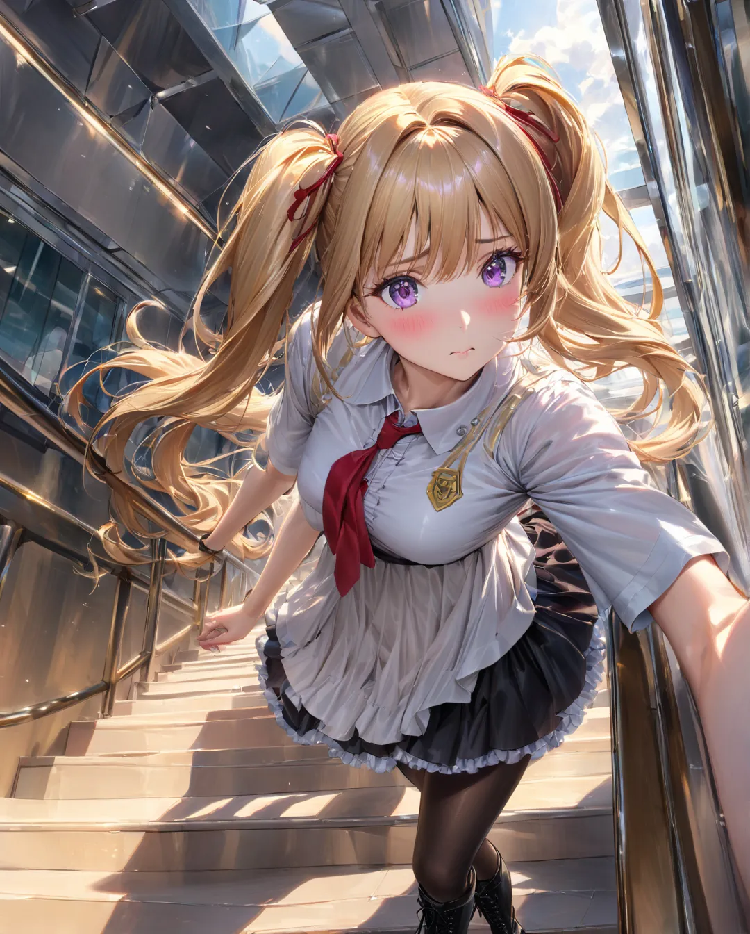 (( style:Colored pencil, Light color)), ( masterpiece:1.2), (Ultra-detailed, best quality), "A highly detailed anime-style illustration of a beautiful high school girl standing on a staircase, captured from a low-angle perspective as she glances back over ...