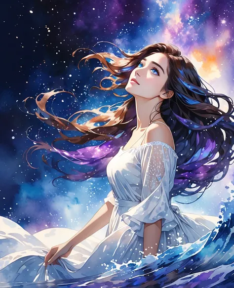 adult cisgender female, long dark brown hair, blue eyes, blue and purple galaxy colors highlights in hair, hair flowing in water, looking upward, wondrous expression, wanderlust aesthetic, reaching upward, wearing white dress, view from the side, high cont...