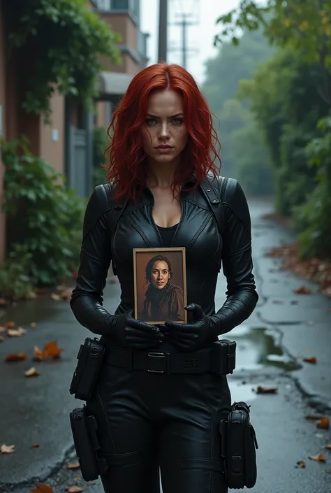 Asphalt street with greenery surrounding with an arore, And the black widow in standard attire crying with a photograph of Venom in her hands