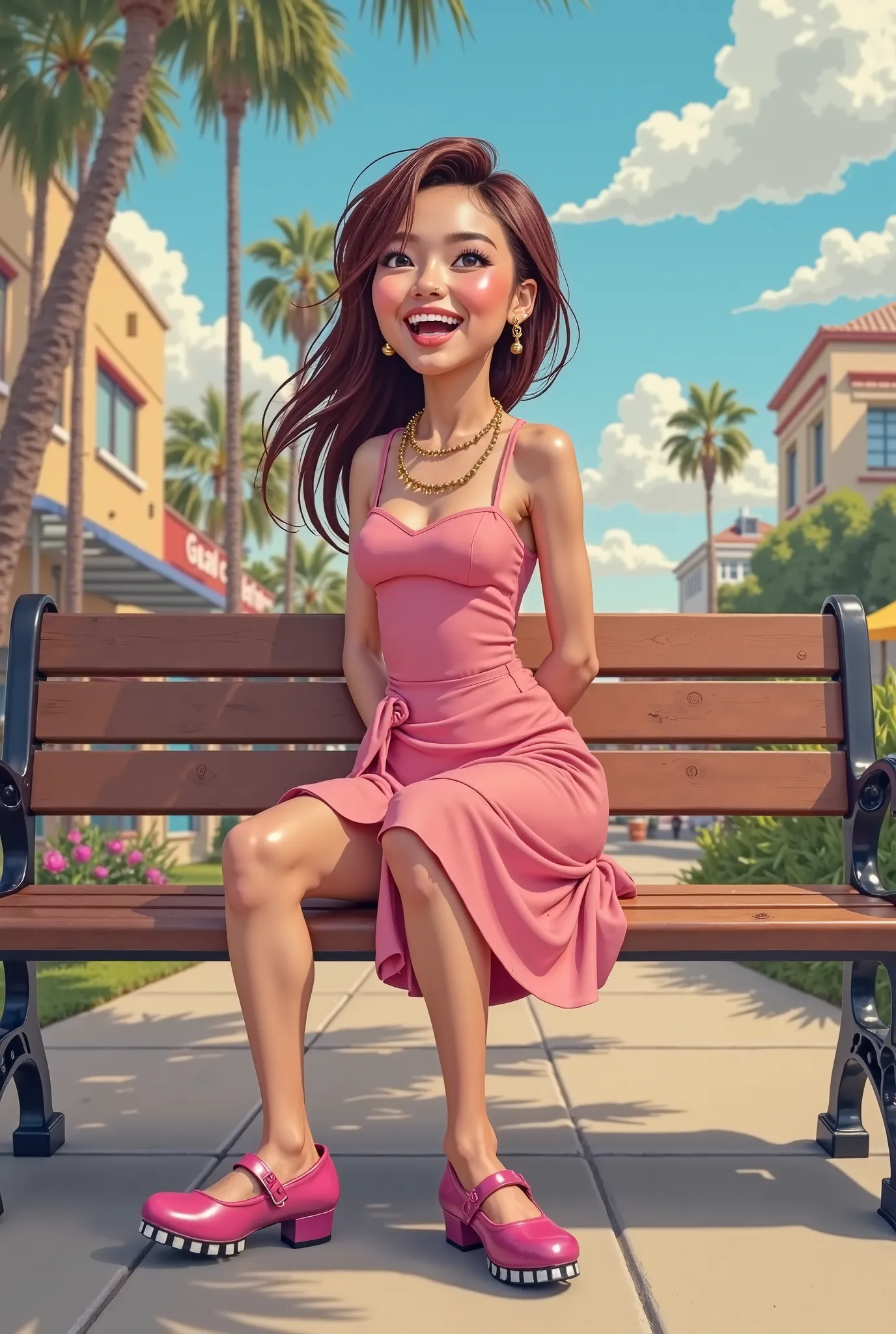 Tip: A very lovely  beautiful Asian American woman being happy alone on a bench in Downtown San Diego in the sun… The illustration is a high definition illustration with 4k resolution., with highly detailed facial features and cartoon style visuals, pink k...