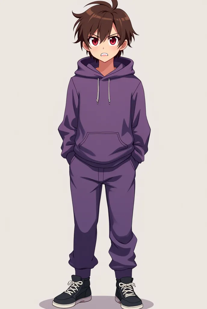 Create a boy with middle part brown hair, red eyes,  20 years of age. Wearing a purple sweatshirt and pants of the same color, wearing black sneakers. Your expression is that of someone angry, angry, looking like it's going to explode every 5 words. Anime ...