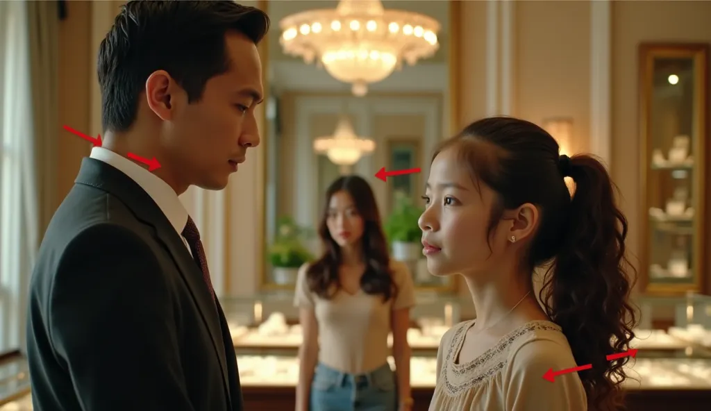 Image is a scene from a film or television show, featuring three people in a well-lit, luxurious jewelry store. The Thai man on the left has short dark hair and is wearing a dark suit with a white shirt and tie. He has a serious expression and is looking d...