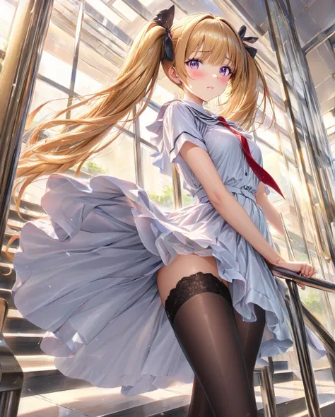 (( style:Colored pencil, Light color)), ( masterpiece:1.2), (Ultra-detailed, best quality), "A highly detailed anime-style illustration of a beautiful high school girl standing on a staircase, captured from a low-angle perspective as she glances back over ...