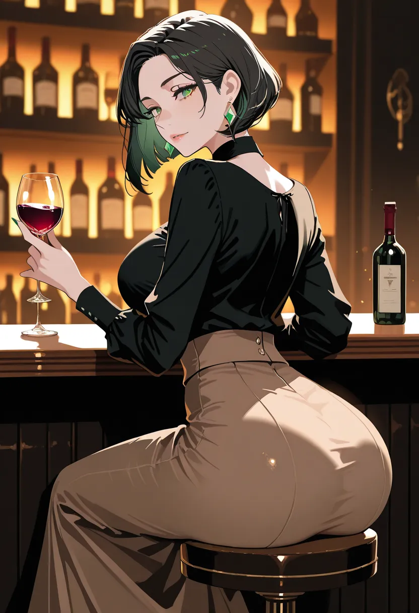 best quality,absurdres,highly detailed, newest,flat color,graphic novel,illustration,
solo,
beautiful italian woman,sexy,adult,
black short bob hair,green eyes,
strong,lean, large breasts,
black blouse,large ass,
diamond earrings,
brown skirt,
sitting on a...