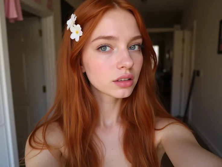  Selfie of a red-haired girl,  in her room wearing aesthetic clothes,  split lips ,  In front of the camera for your birthday High resolution, long hair, Very long hair, mouth shut,  Split lips, Teeth, language,  hair flower, language fuera,  From the Side...