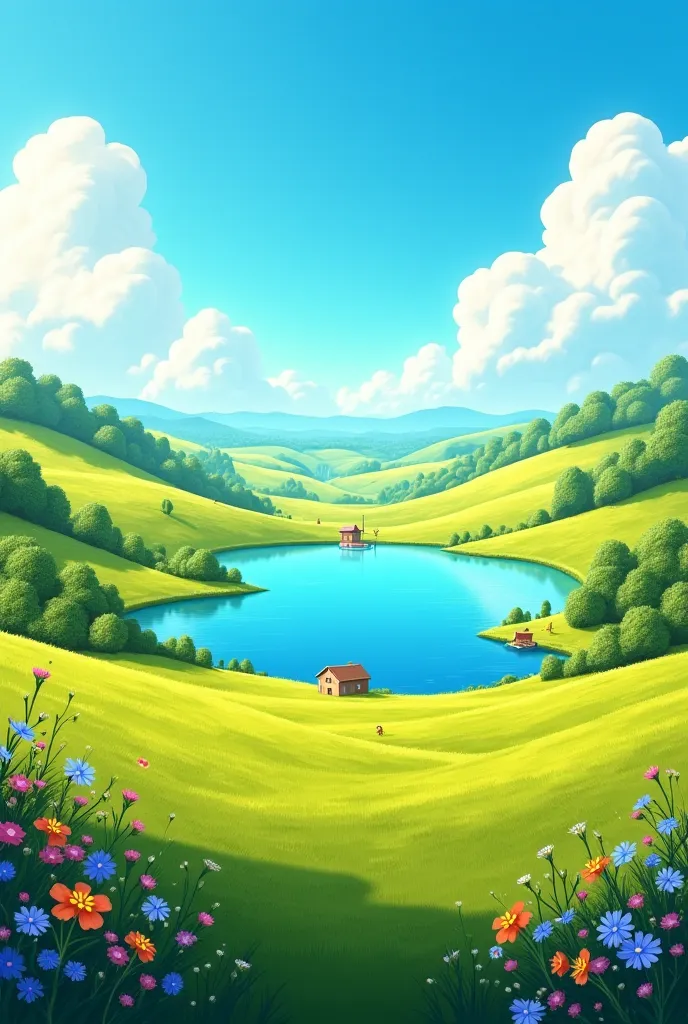 Farm scenario without animals or characters, with lake and other similar Disney-style animation setting 