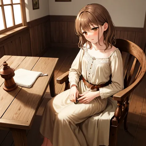 Mirien, a young woman with delicate features, sitting on the edge of a simple wooden chair in a room of a medieval wooden housea.

She has beautiful brown eyes and medium-length, straight brown hair with slanted bangs framing her round, delicately sculpted...