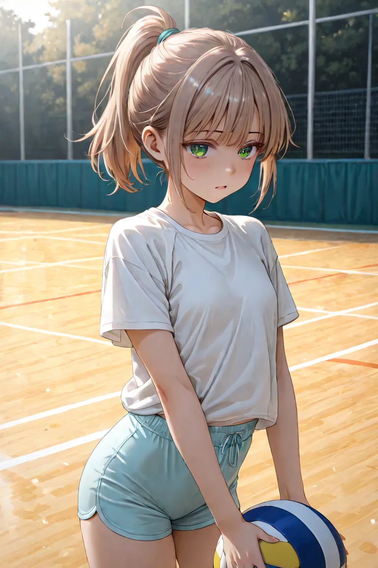 light brown hair、ponytail、green eyes、Volleyball Court、t-shirt、 shorts 、dissatisfied face