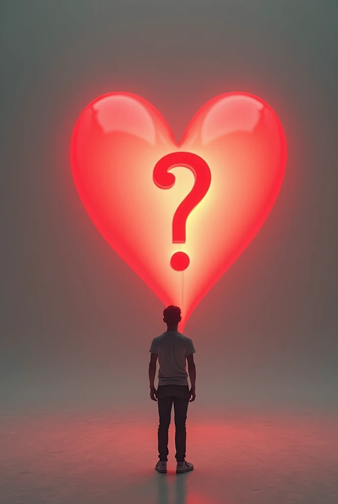 A person stands next to his heart with a question mark and looks at it