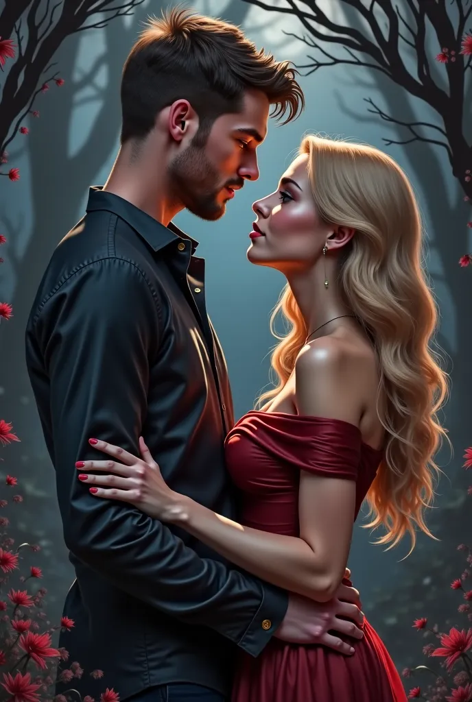 a couple.  a tall American man, short brown hair. A young, blond woman . Long wavy hair. looking at each other. 
 Book cover , darkromance deixe a capa sombria.