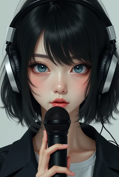 I want a picture of a white Asian girl,bob bang black hair , Slightly dark eyebrows ,  face profiles , Blue eyes. Put on headphones, cover your ears and hold a singing mic. 