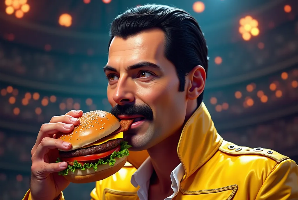 Fredy Mercury from the rock band Queen eating a hamburger.  