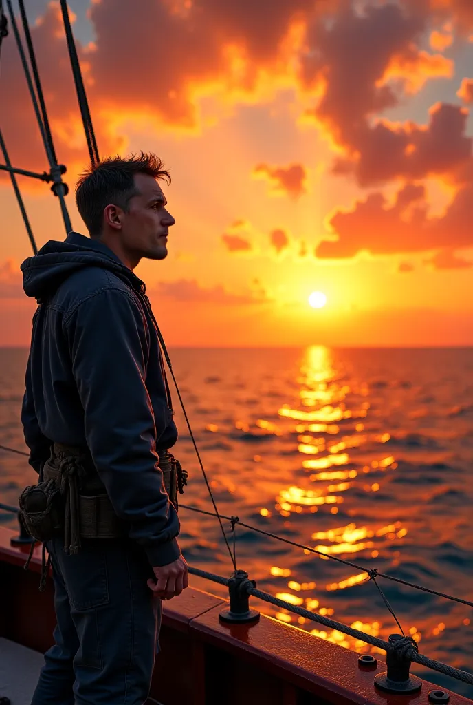 An image of a loving and melancholic sailor watching the sunset while sailing