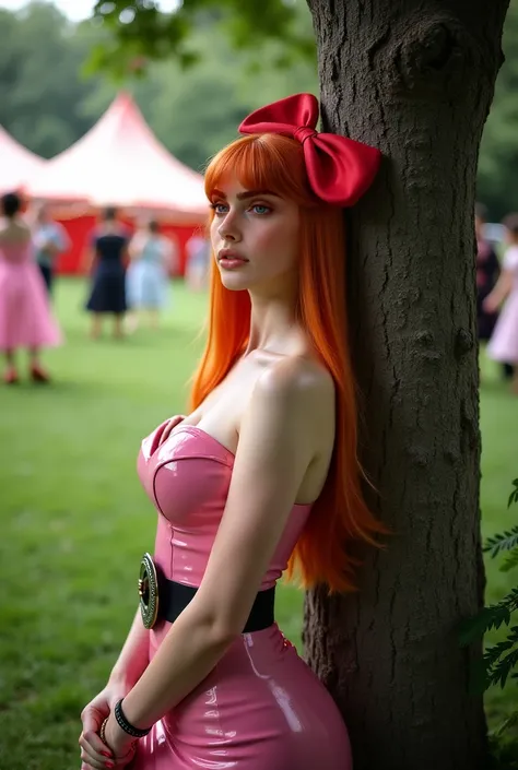 A young woman with long, straigh ginger hair, she is wearing a red bow in her hair, a pink latex dress with a sweetheart neckline and a thick black belt, leaning against a tree posing model in profile, serene, with trees and grass behind, with blurred danc...